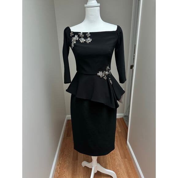 NEW Theia Cocktail Embroidered Mid Length Black Dress size 2 - Picture 1 of 9